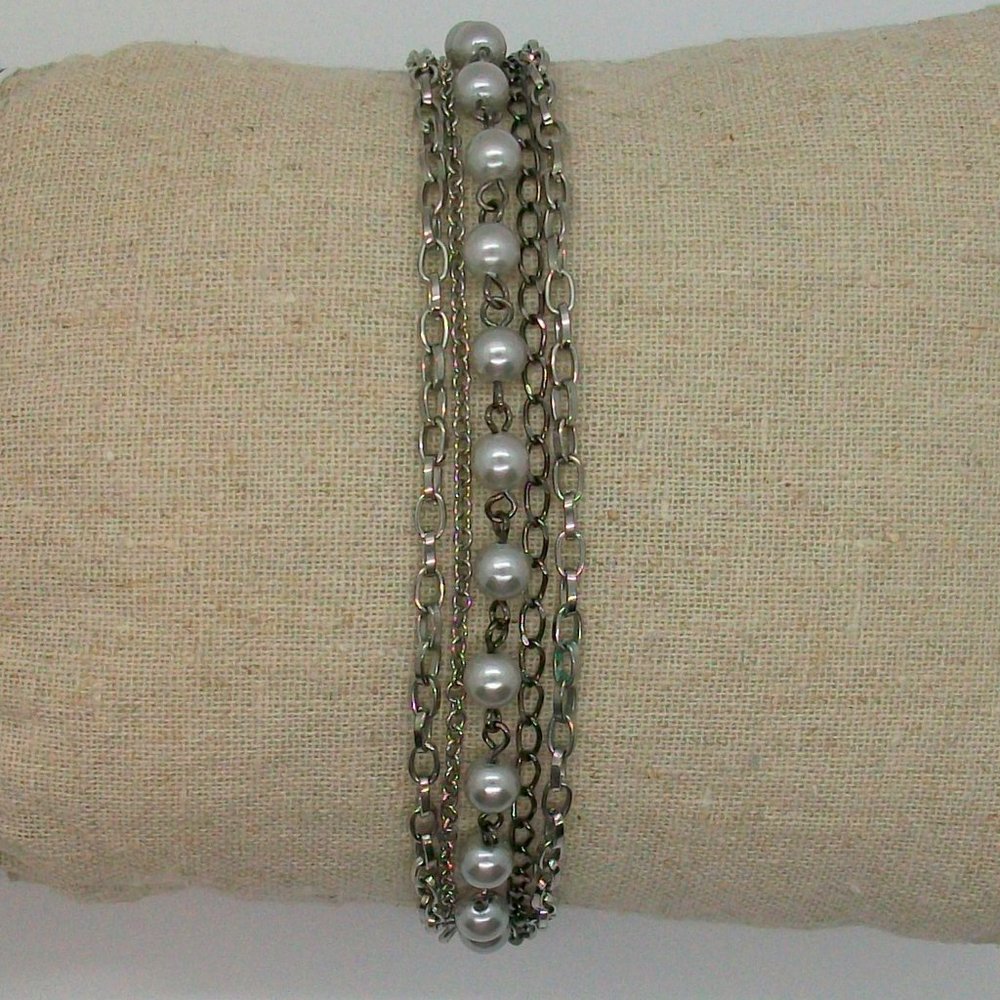 Cookie Lee Multi Strand Chain and Imitation Silver Pearl Toggle Bracelet